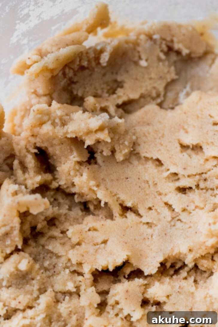 Smooth, thick brown butter snickerdoodle cookie dough in a mixing bowl.
