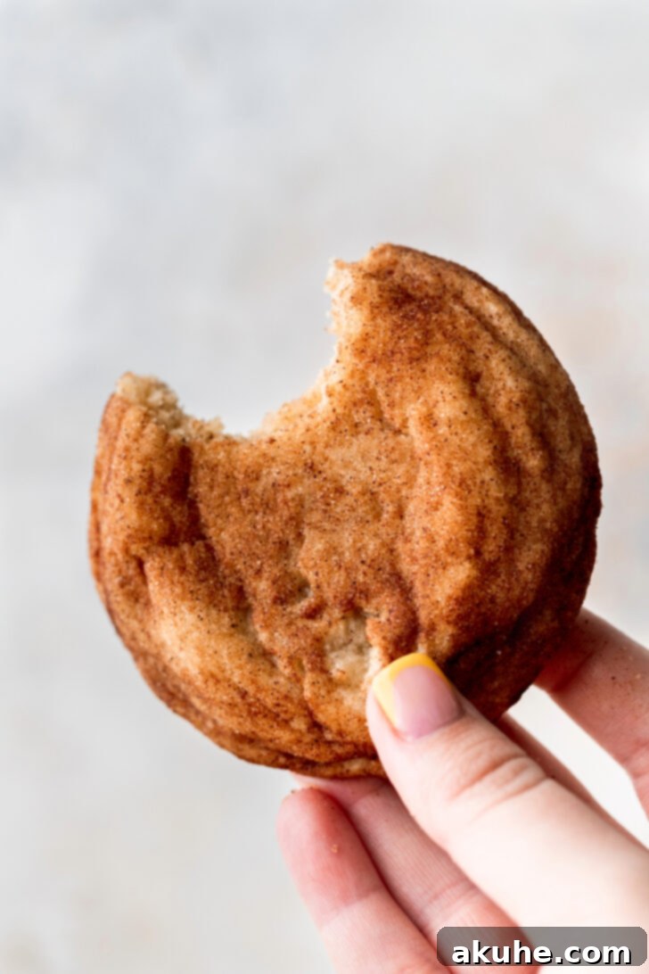 A hand holding a delicious brown butter snickerdoodle cookie with a bite taken out, showing its soft interior.