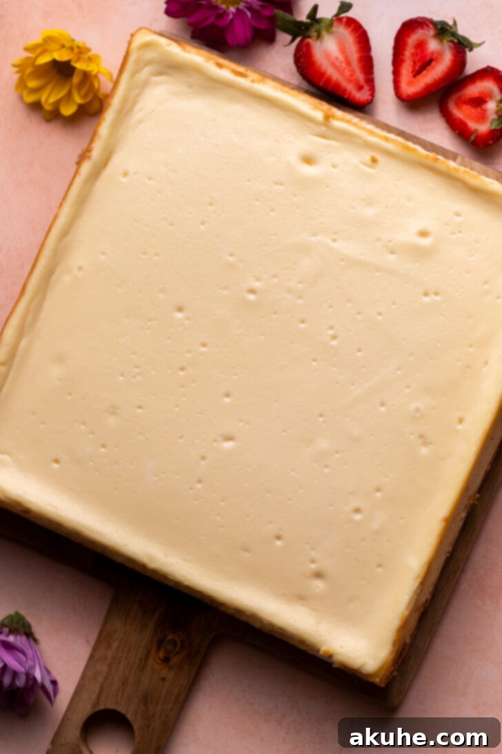 Strawberry Cheesecake Squares 8 Baked cheesecake on a serving platter, before cutting.
