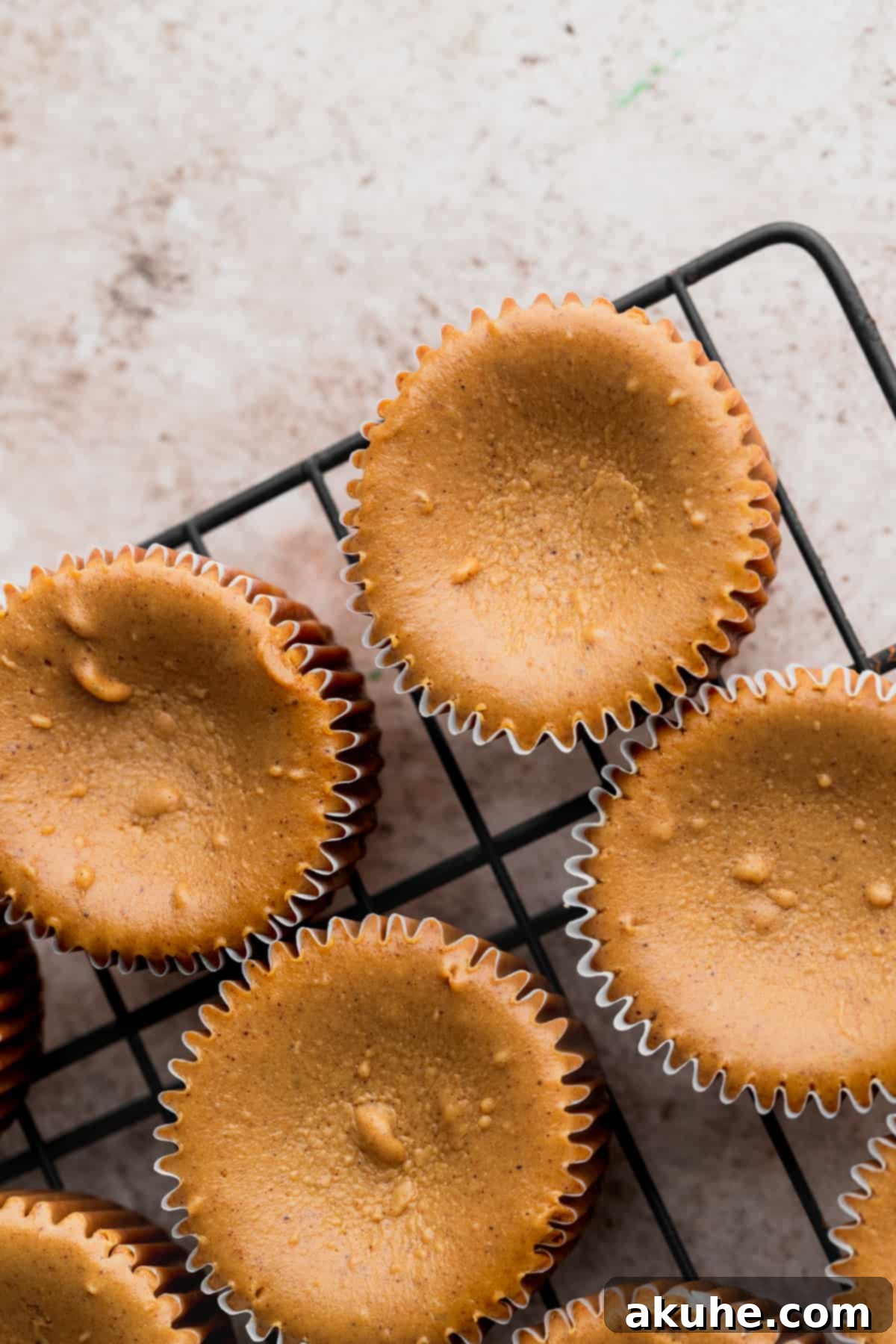 Holiday Gingerbread Cheesecake Delights 8 Baked cheesecakes on a wire rack.