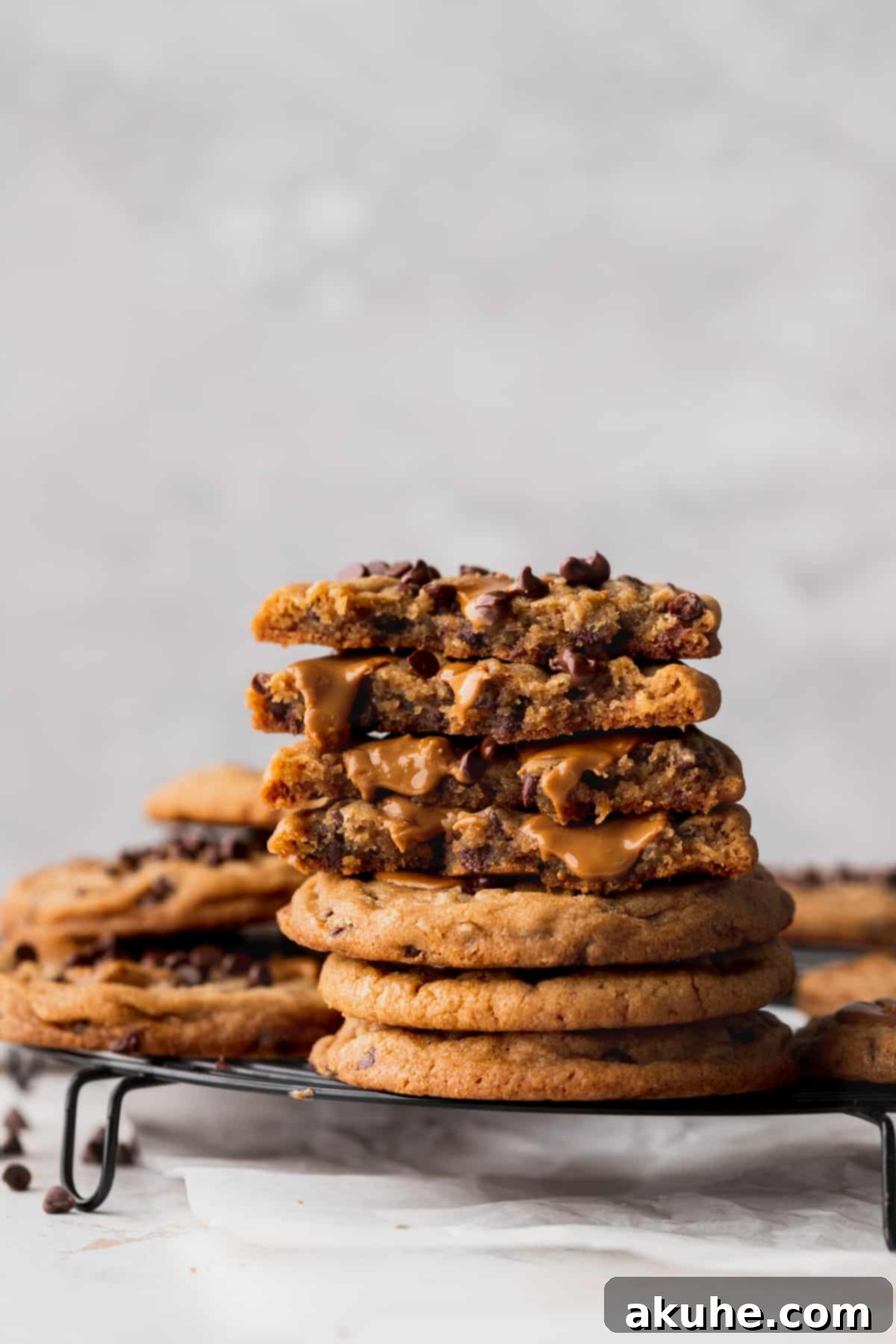 A delectable stack of Biscoff butter cookies, highlighting their soft centers and glistening Biscoff toppings.