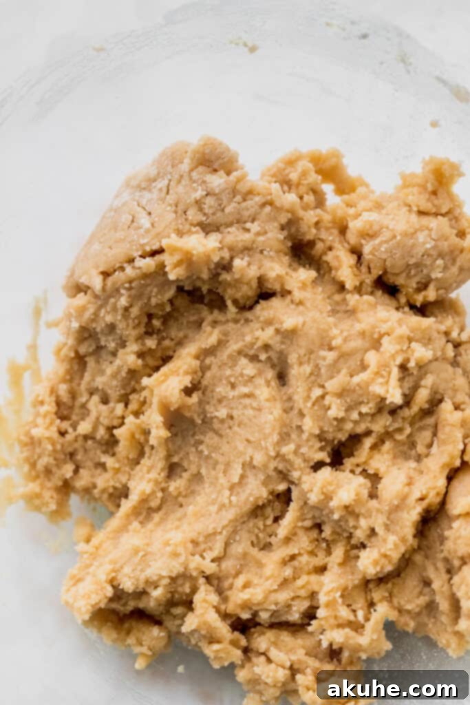 Just Enough Chocolate Chip Bliss 5 Dry ingredients (flour, baking powder, baking soda, salt) being added to the wet mixture in a bowl.