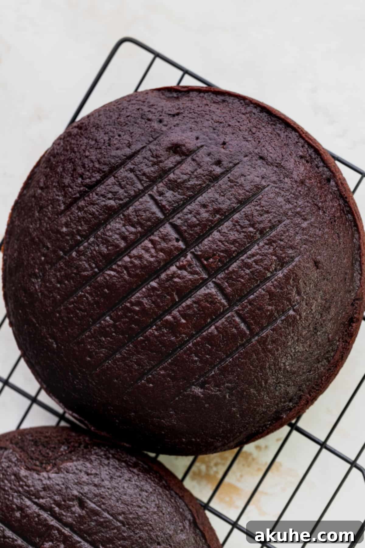 Blueberry Chocolate Layer Cake 6 Freshly baked chocolate cake layers cooling on a wire rack, perfectly golden and ready for assembly.