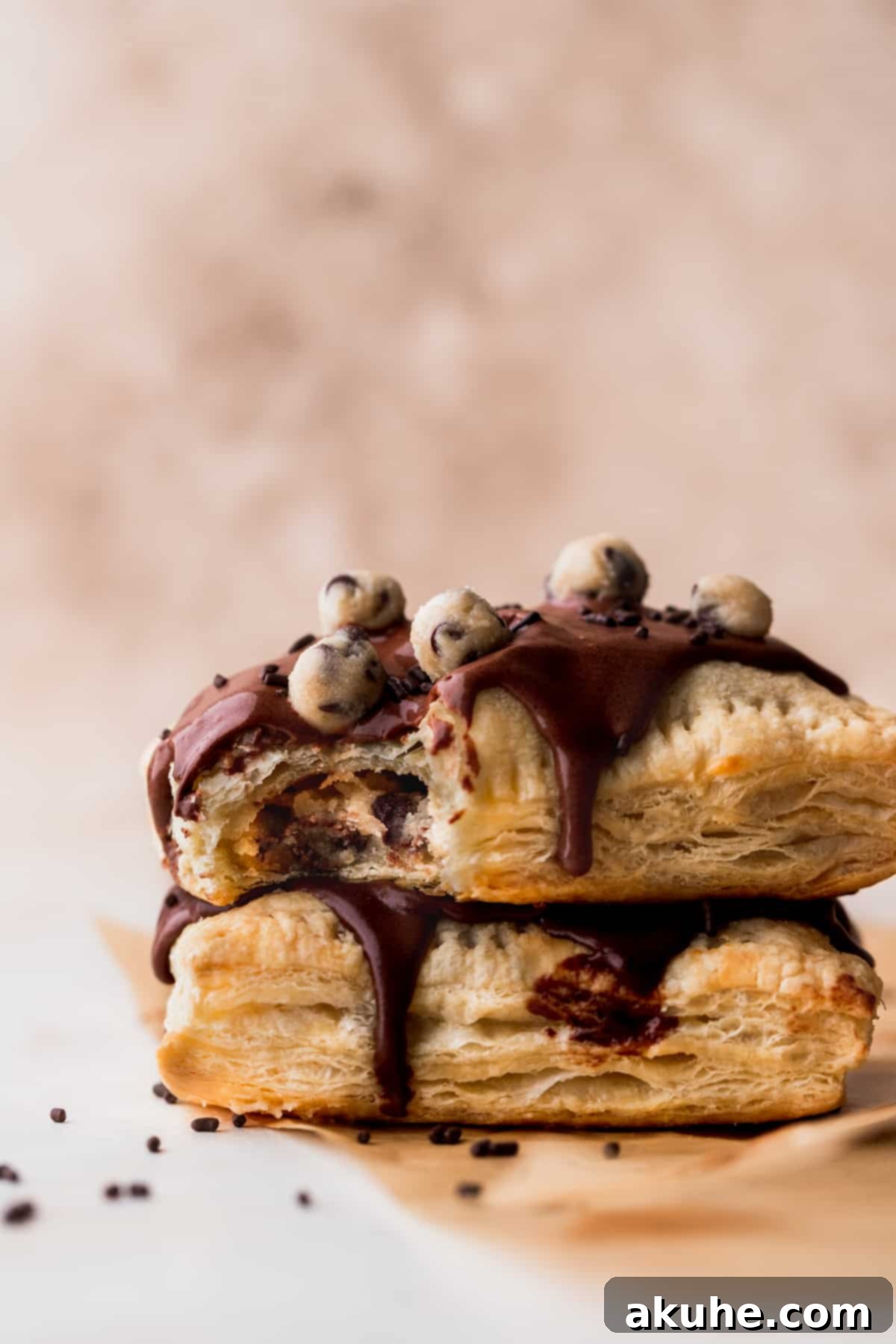 Ultimate Chocolate Cookie Dough Pop Tarts 2 Stack of freshly baked chocolate cookie dough pop tarts with chocolate glaze.