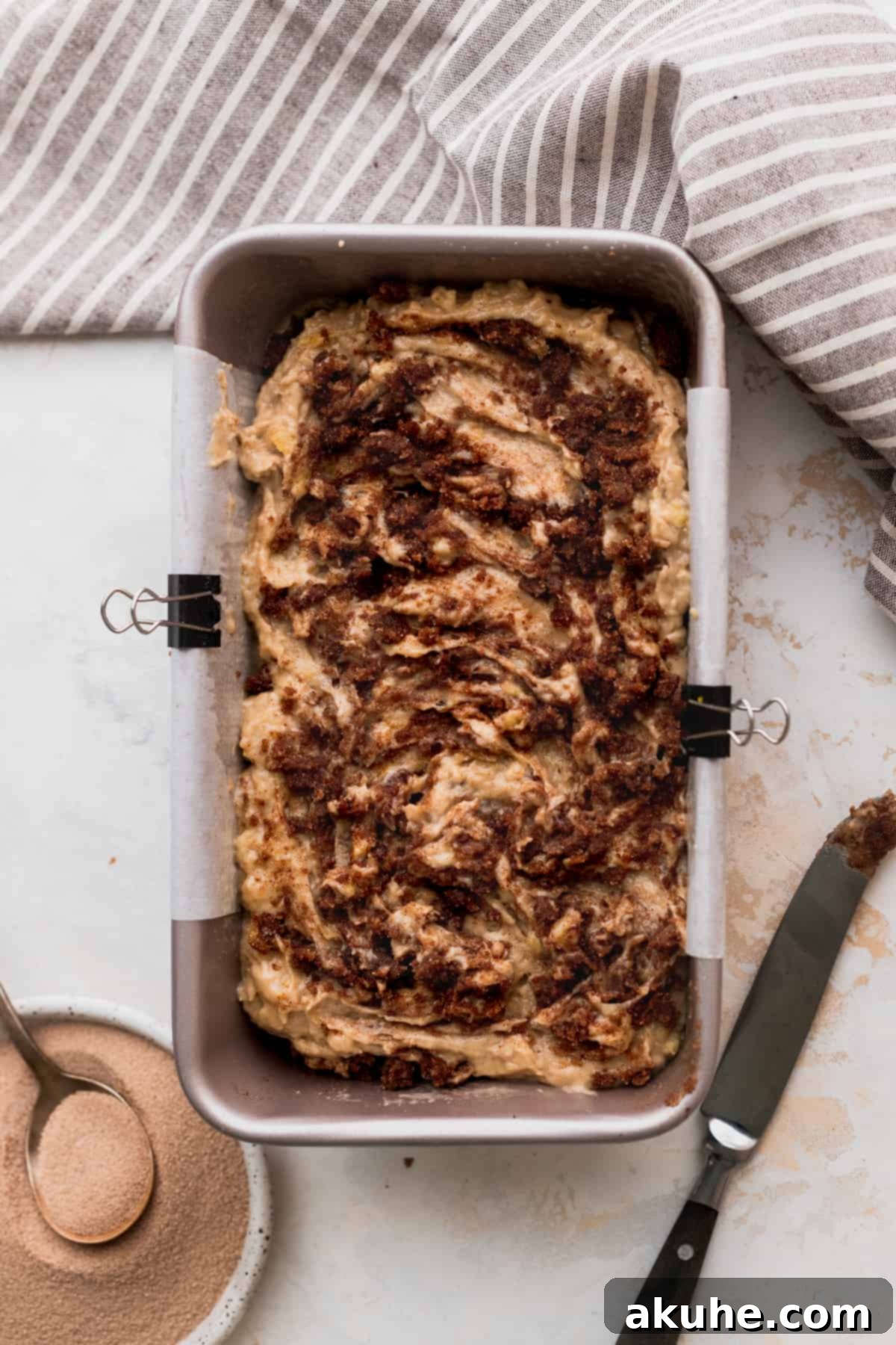 Irresistible Cinnamon Swirl Banana Bread 8 Swirled batter in the loaf pan.