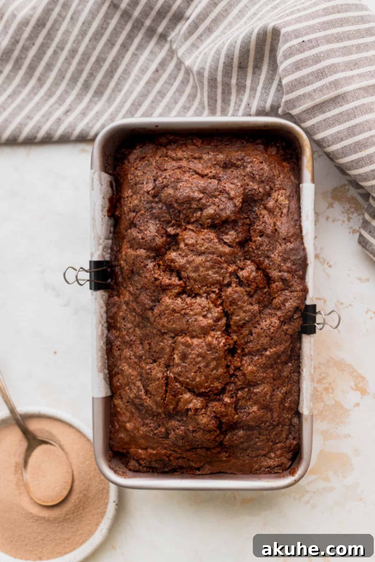 Irresistible Cinnamon Swirl Banana Bread 9 Baked loaf in the pan.