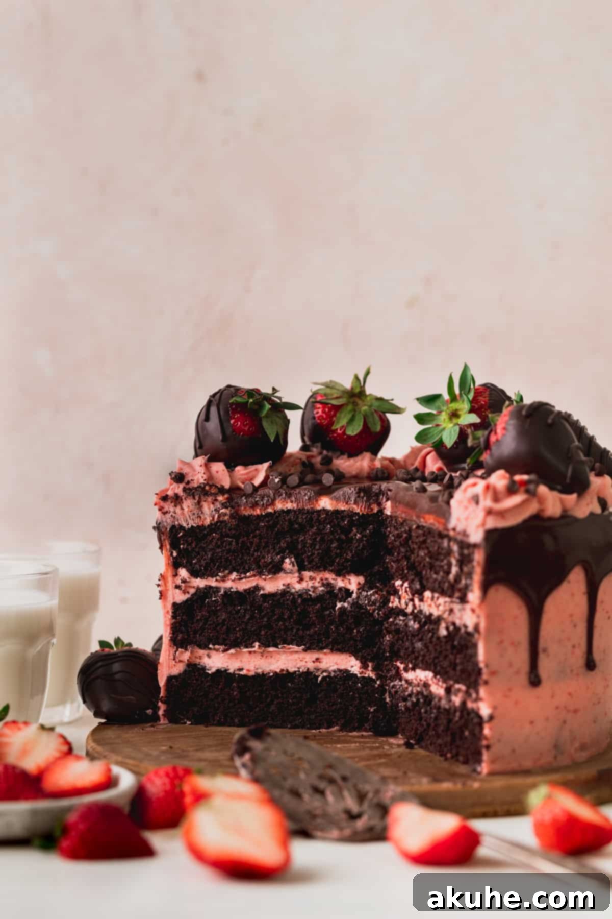 A stunning slice of Chocolate Covered Strawberry Cake, revealing its moist chocolate layers and creamy pink frosting, set on a rustic wooden board.