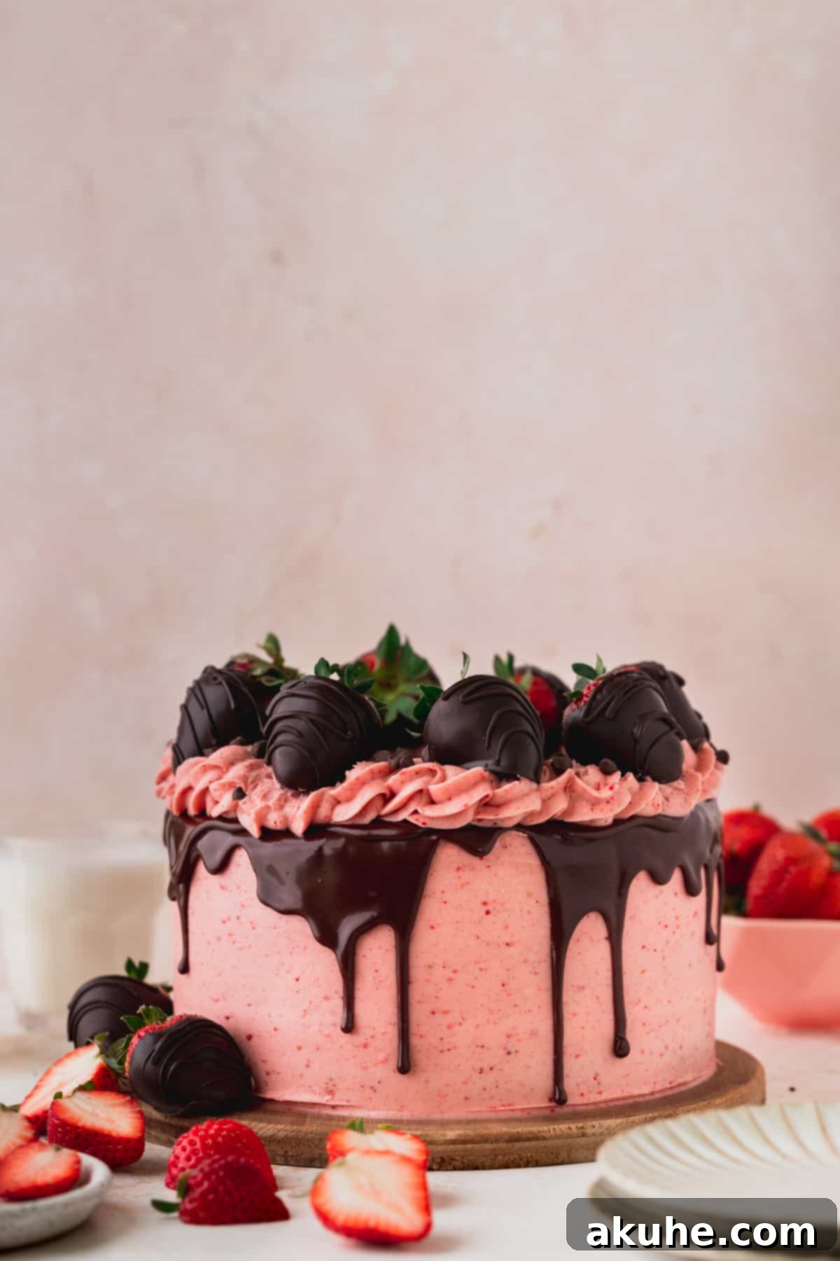A beautifully decorated chocolate covered strawberry cake with a chocolate drip and fresh strawberries, resting on a wooden board.