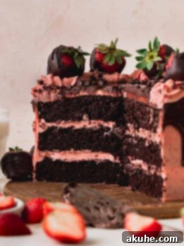 Chocolate covered strawberry cake cut open on a wood board.