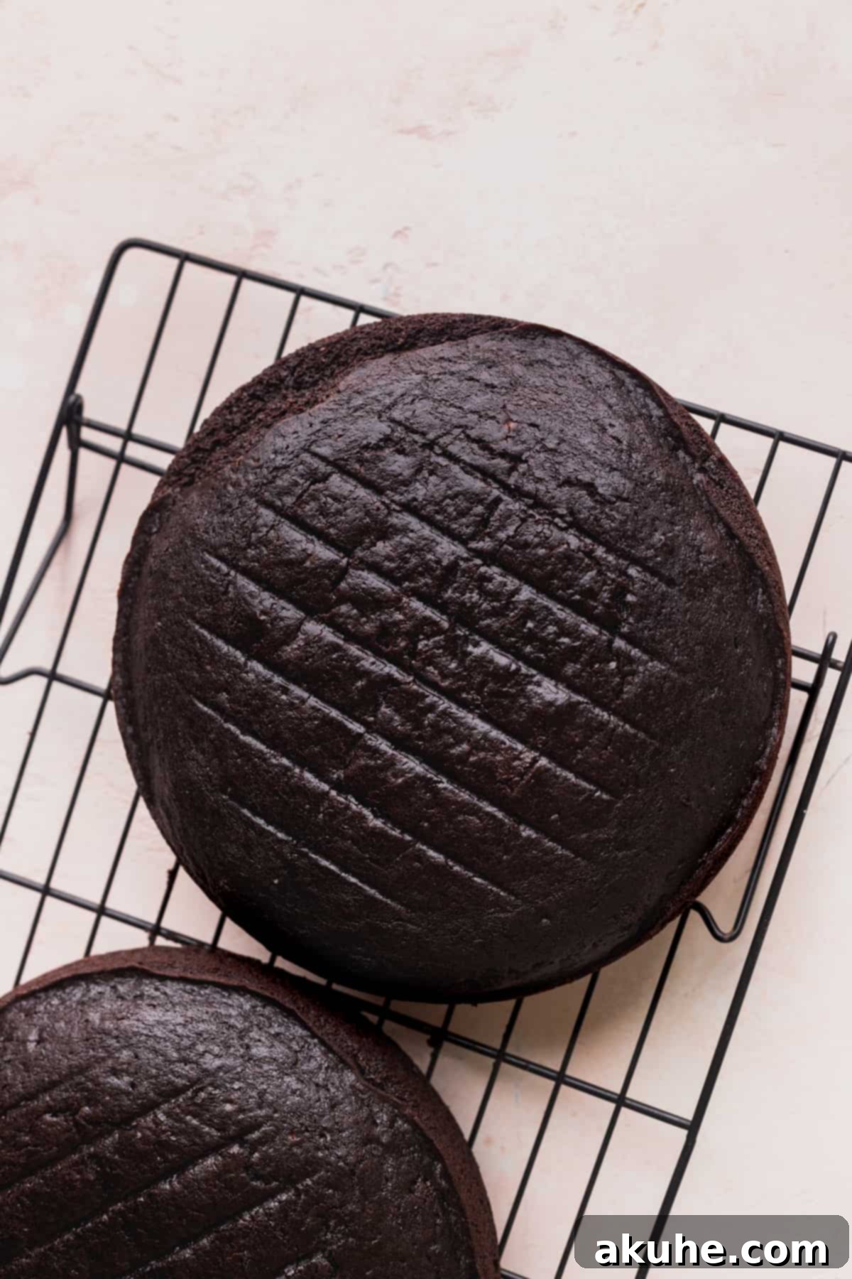 Baked chocolate cake layers cooling on a wire rack, ready for frosting.