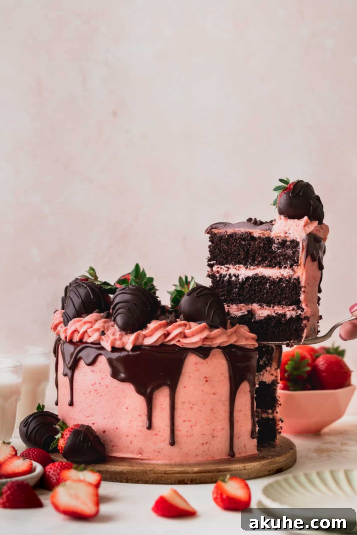 A slice of the decadent chocolate covered strawberry cake being pulled out, showcasing the perfect layers and beautiful presentation.