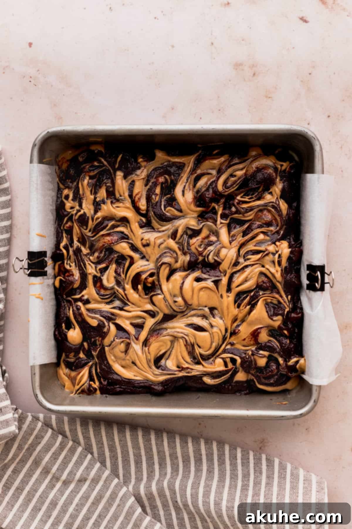Peanut butter swirled into brownie batter.