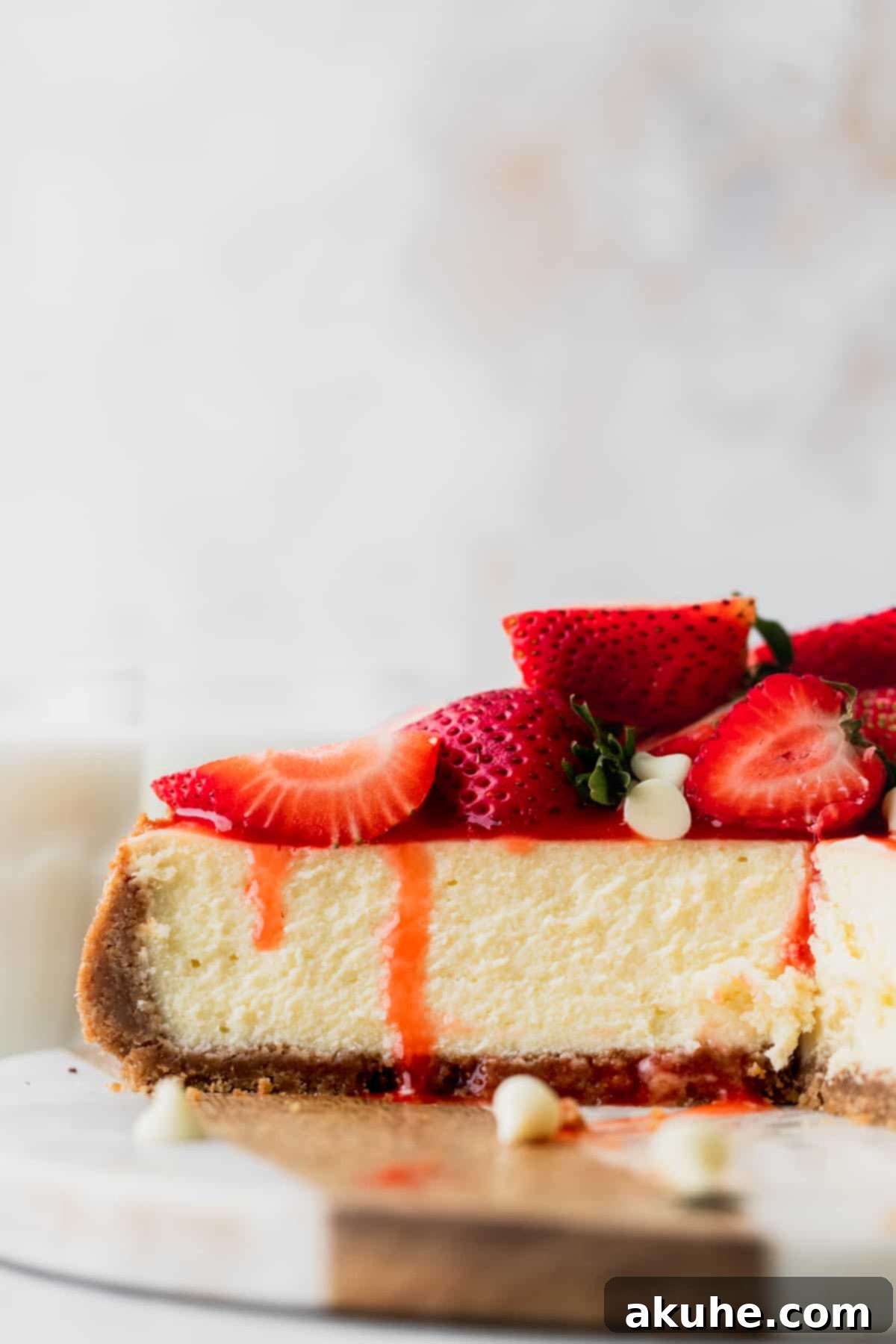 Decadent White Chocolate Cheesecake 2 Side view of a perfectly sliced strawberry white chocolate cheesecake revealing its creamy layers and graham cracker crust.