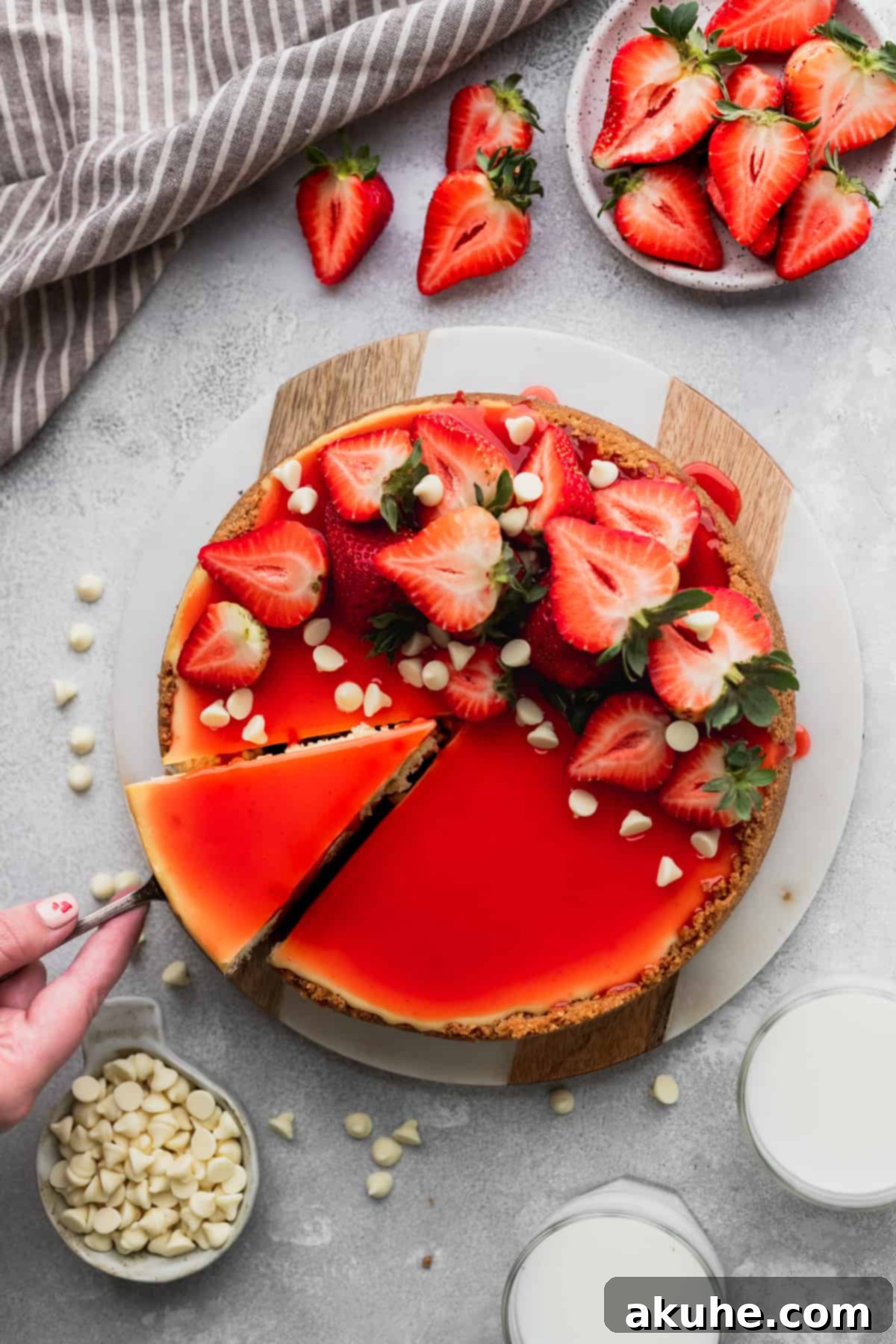 Decadent White Chocolate Cheesecake 11 A slice of creamy white chocolate cheesecake being carefully pulled from the main cake with a server.