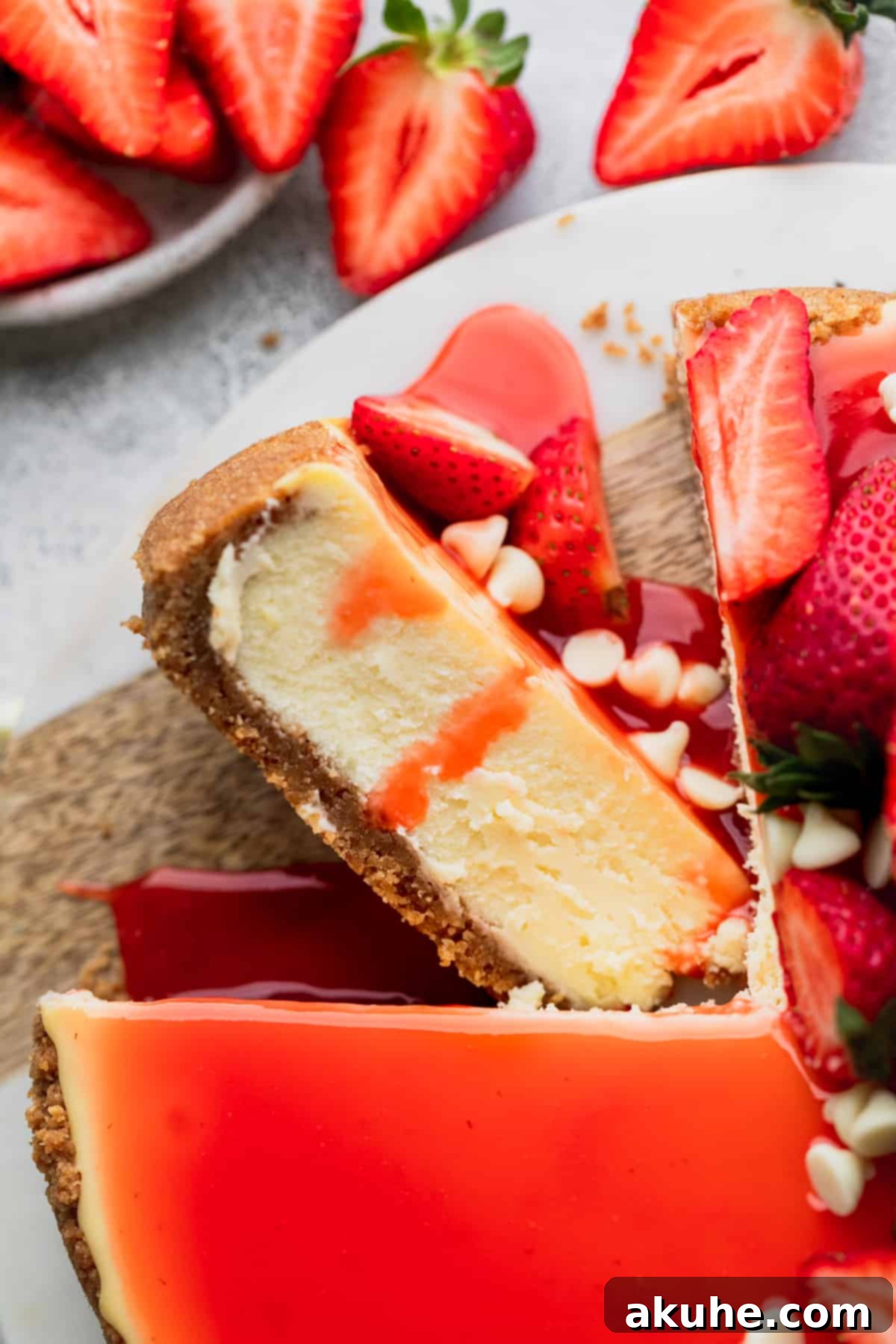 Decadent White Chocolate Cheesecake 12 A single, elegant slice of strawberry white chocolate cheesecake artfully presented on its side.