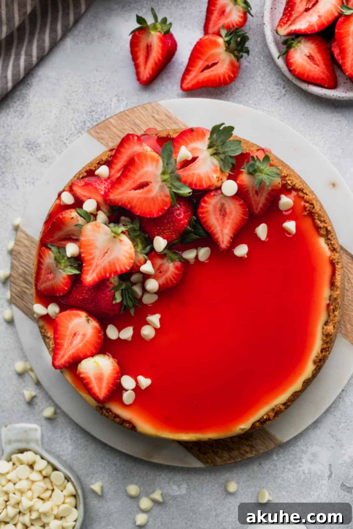 Decadent White Chocolate Cheesecake 3 Strawberry white chocolate cheesecake adorned with whole fresh strawberries on top, showcasing the vibrant glaze.