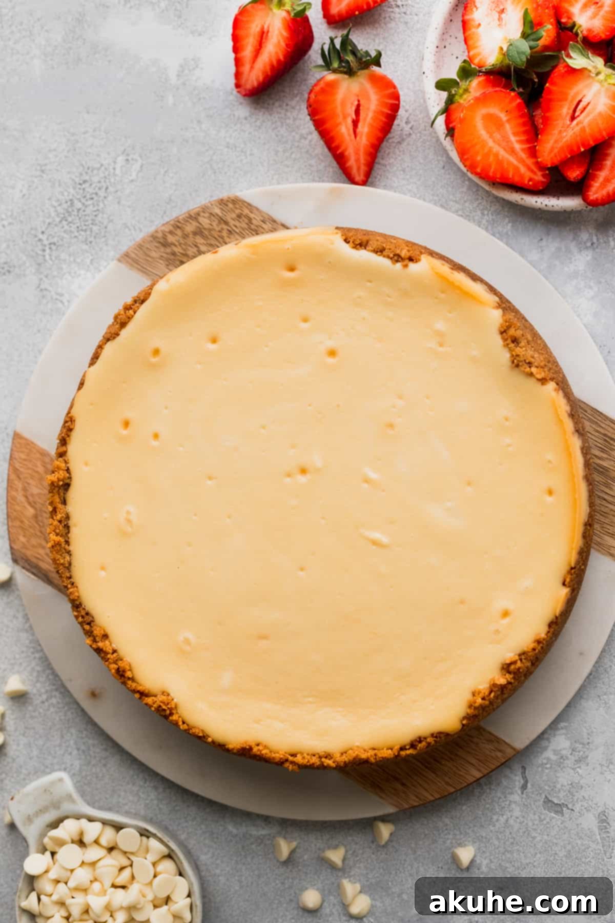 Decadent White Chocolate Cheesecake 8 A perfectly baked cheesecake, golden at the edges, resting on a wooden board.