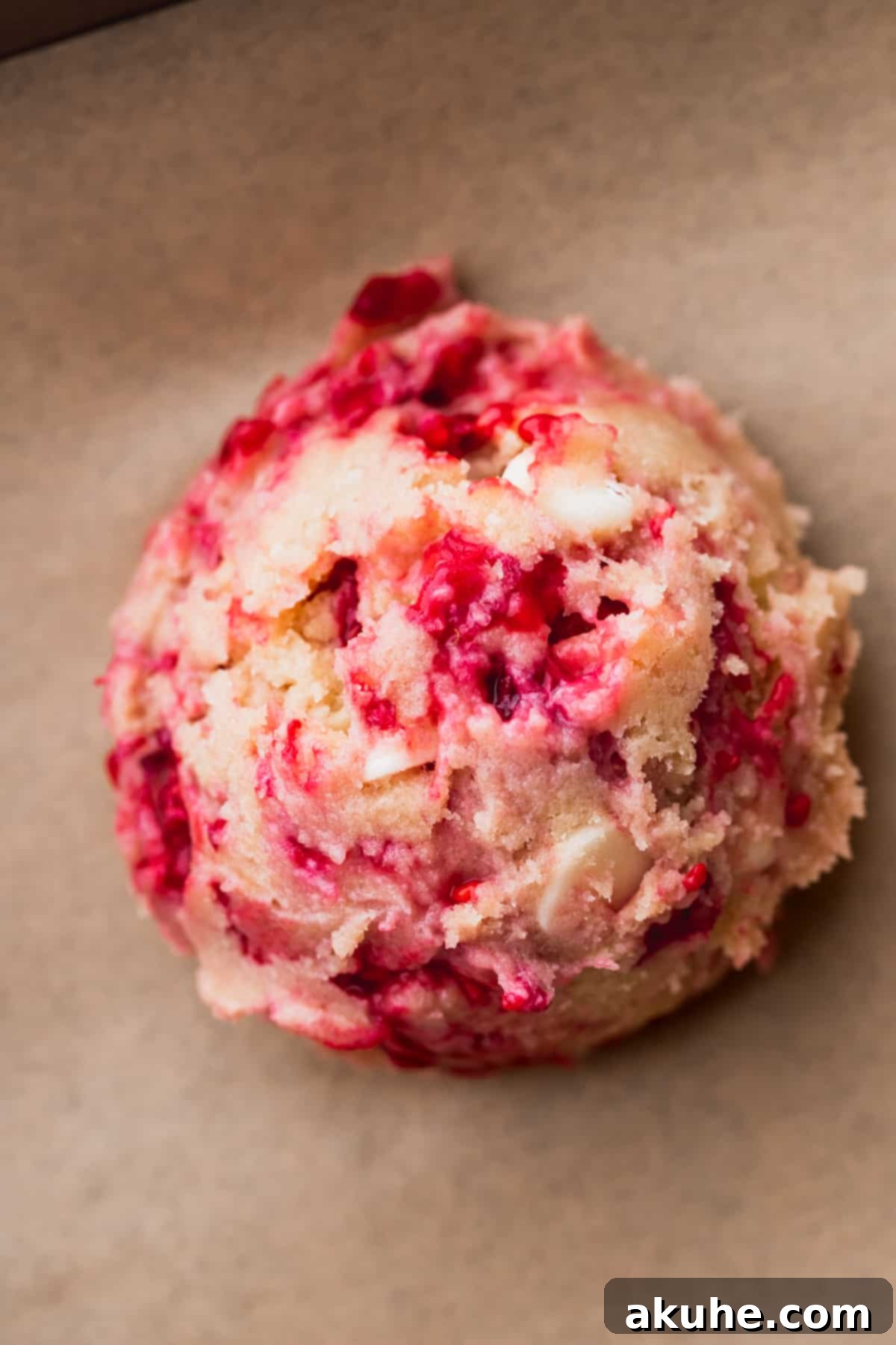 Raspberry White Chocolate Chip Cookies 7 Scooped cookie dough ball placed on a parchment-lined cookie sheet.