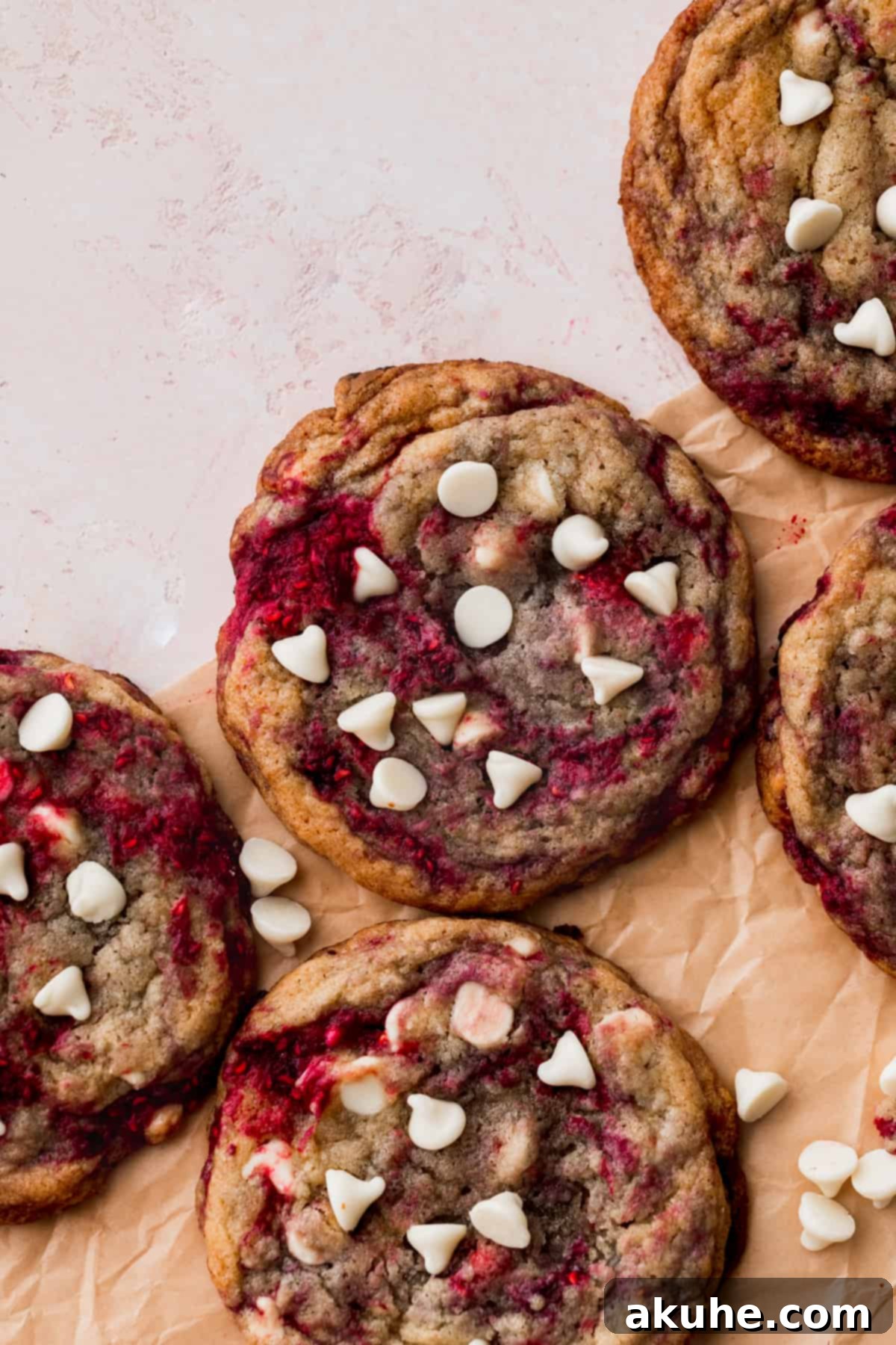 Raspberry White Chocolate Chip Cookies 8 Freshly baked raspberry white chocolate cookies arranged on parchment paper, showcasing their perfect shape.
