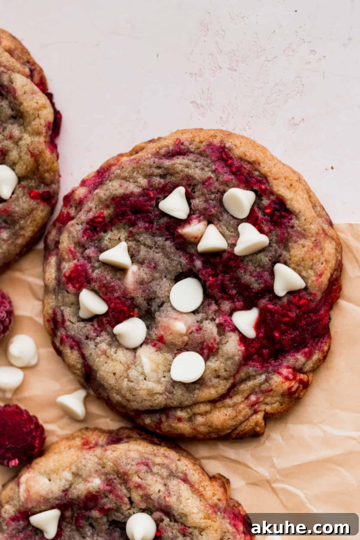 Raspberry White Chocolate Chip Cookies 9 Close-up of a raspberry white chocolate cookie, showing its texture and ingredients.