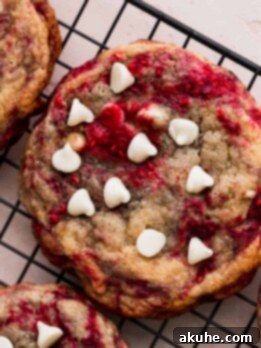 Raspberry White Chocolate Chip Cookies 10 Raspberry white chocolate cookies on a wire rack.