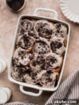 Oreo cinnamon rolls baked in a pan.