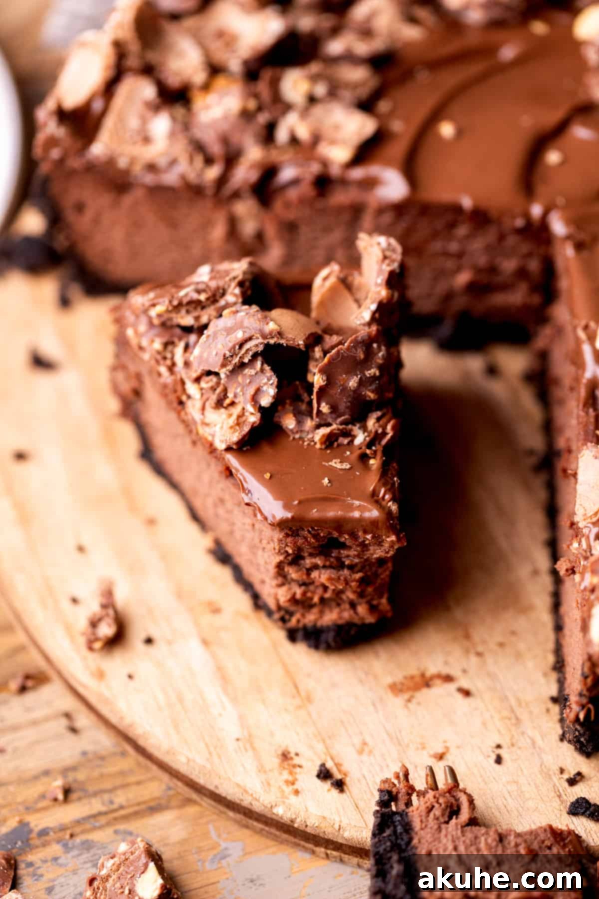 Decadent Nutella Cheesecake 2 A bite missing from a slice of Nutella cheesecake, showcasing its creamy texture and rich toppings.