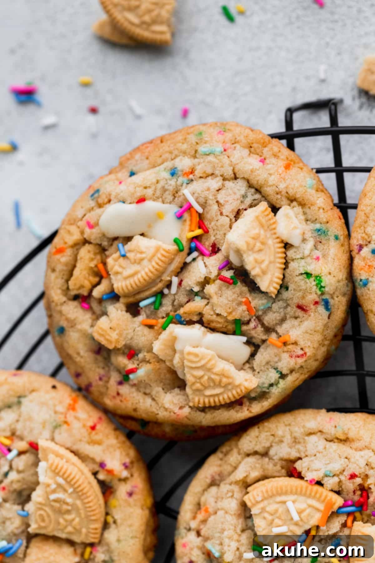 Celebratory Cookie Confections 2 Delightful Birthday Cake Cookies generously covered in rainbow sprinkles and golden Oreo crumbs, presented on a round wire cooling rack, promising a perfect chewy texture.