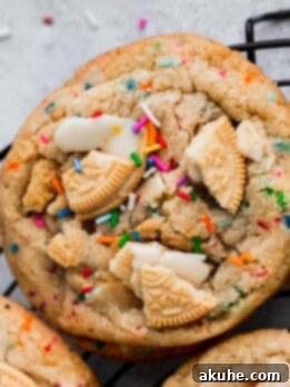 Celebratory Cookie Confections 11 Birthday cake cookies on a circle wire rack.