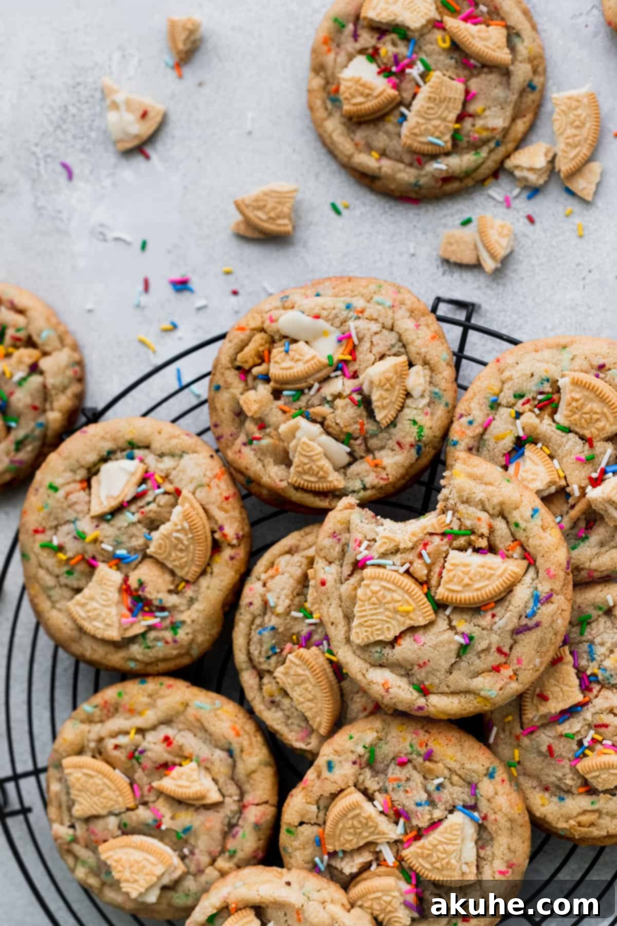 Celebratory Cookie Confections 3 A wider shot of the Birthday Cake Cookies, showcasing their golden edges and colorful sprinkles, arranged neatly on a circular wire rack, ready to be devoured.