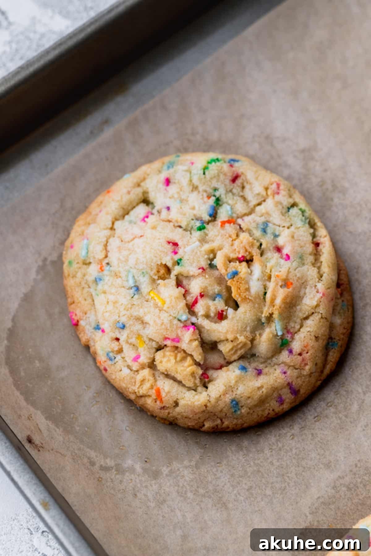 Celebratory Cookie Confections 8 A freshly baked Birthday Cake Cookie, golden brown around the edges and still warm on the baking sheet, awaiting its final garnish.