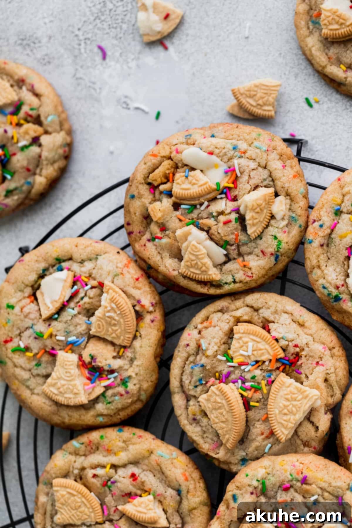 Celebratory Cookie Confections 9 A close-up of a stack of Birthday Cake Cookies on a wire rack, revealing their soft interior and generous sprinkle of colorful jimmies and golden Oreo crumbs.