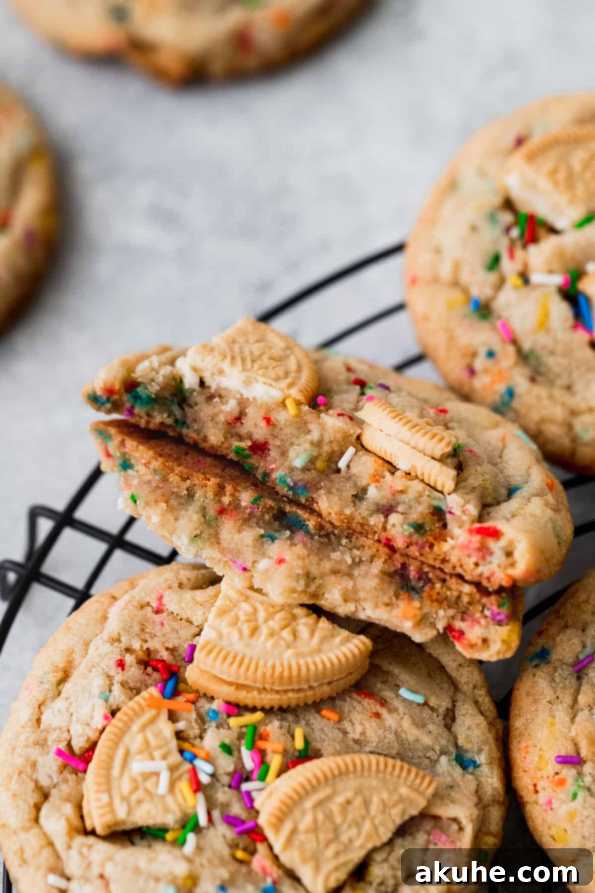 Celebratory Cookie Confections 10 A perfectly baked Birthday Cake Cookie, split in half to reveal its soft, chewy interior studded with vibrant sprinkles and golden Oreo pieces, resting on a wire rack.