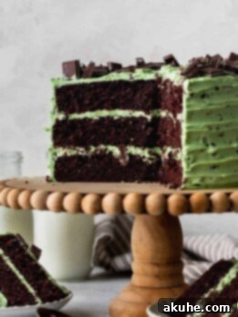 Andes Mint Chocolate Cake 14 Chocolate mint cake on a cake stand with cake slices around it.