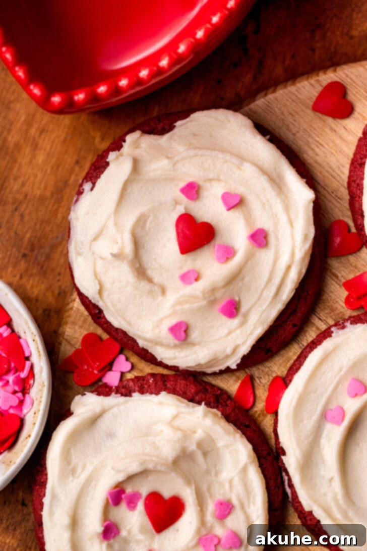 Red Velvet Cookie Delights 8 Top view of decorated cookies.