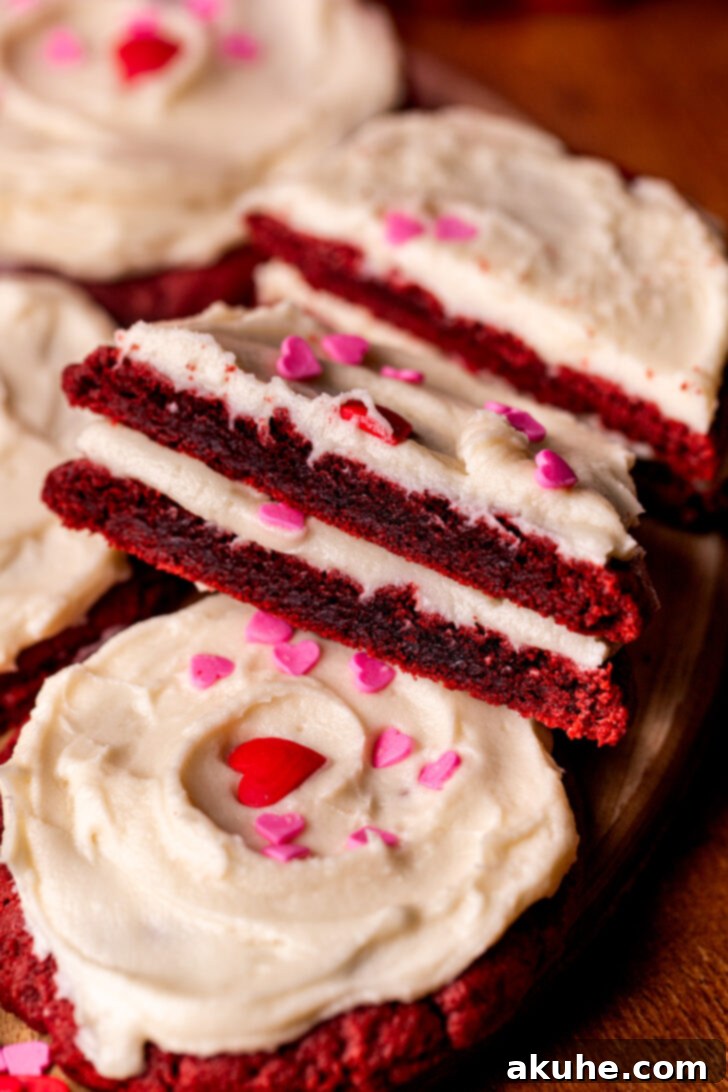 Red Velvet Cookie Delights 9 Two cookie split in half.