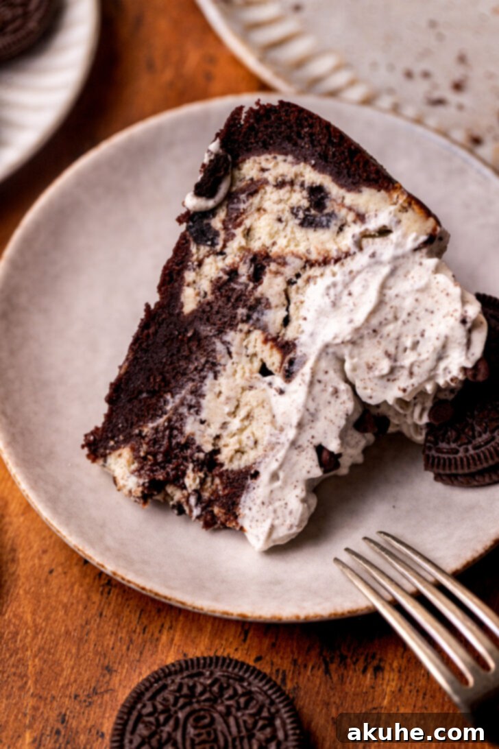 Oreo Dream Cheesecake 11 Close-up side view of a slice of Oreo cake cheesecake.