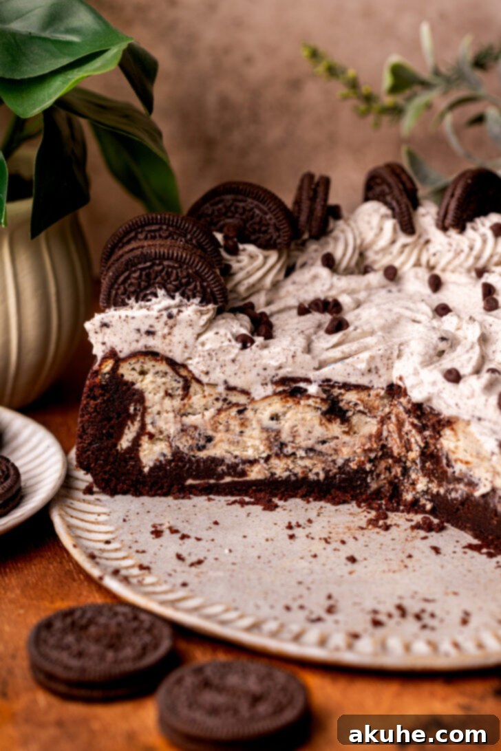 Oreo Dream Cheesecake 3 Side view of the Oreo cake cheesecake showing the layers.