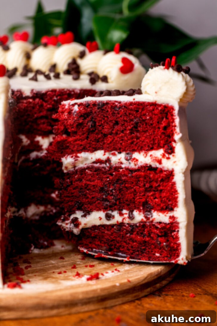A delicious slice being taken from a Red Velvet Chocolate Chip Cake.