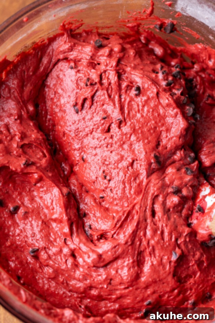 Cake batter in a bowl after the chocolate chips have been added.