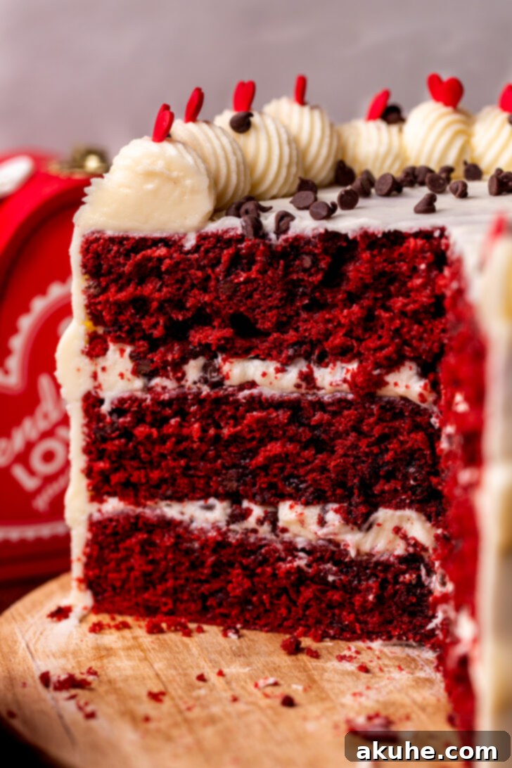 A close-up shot of the inside of the Red Velvet Chocolate Chip Cake.