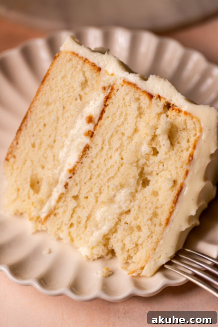 The Ultimate Vanilla Cake Experience 2 A delectable slice of vanilla cake on a plate, showcasing its moist texture and creamy frosting.