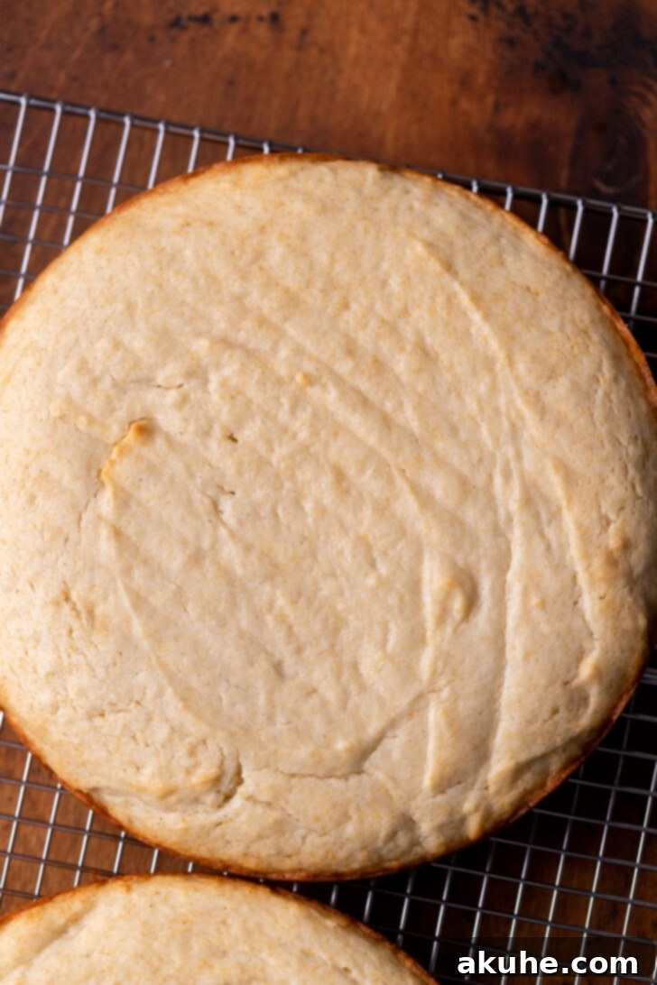 The Ultimate Vanilla Cake Experience 5 Baked cake layers cooling on a wire rack.
