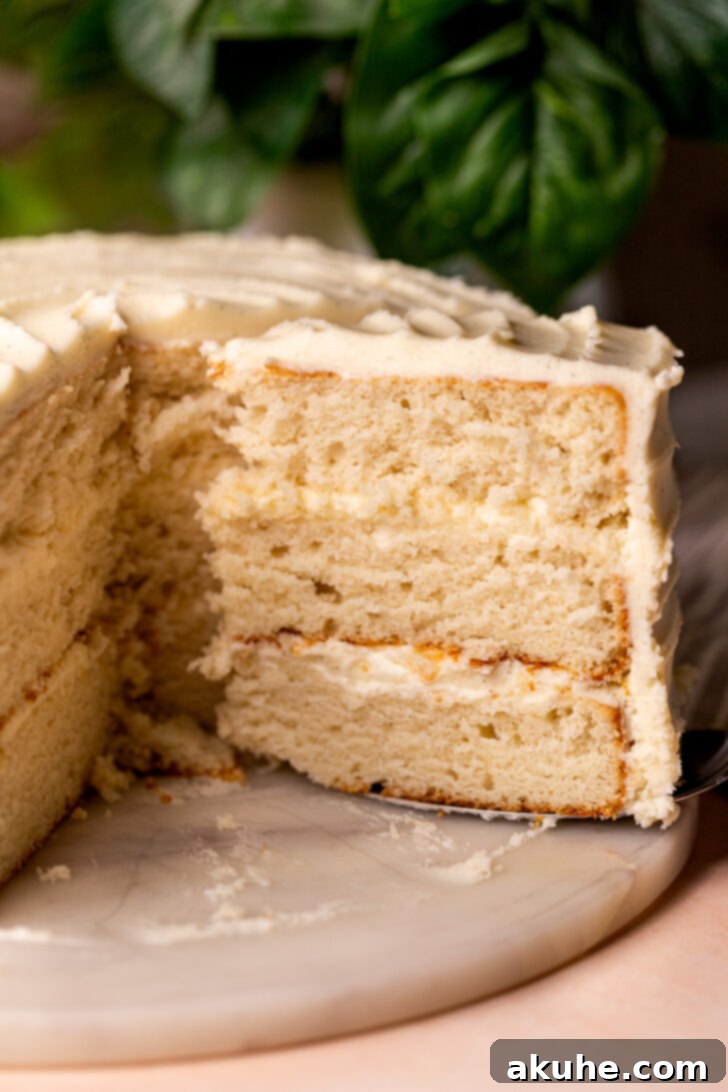 The Ultimate Vanilla Cake Experience 8 A slice of vanilla cake being taken out of the whole cake.