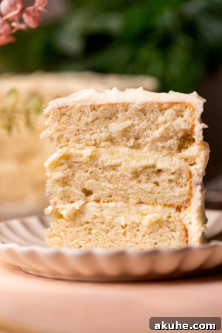 The Ultimate Vanilla Cake Experience 9 A slice of vanilla cake standing upright on a plate, ready to be enjoyed.